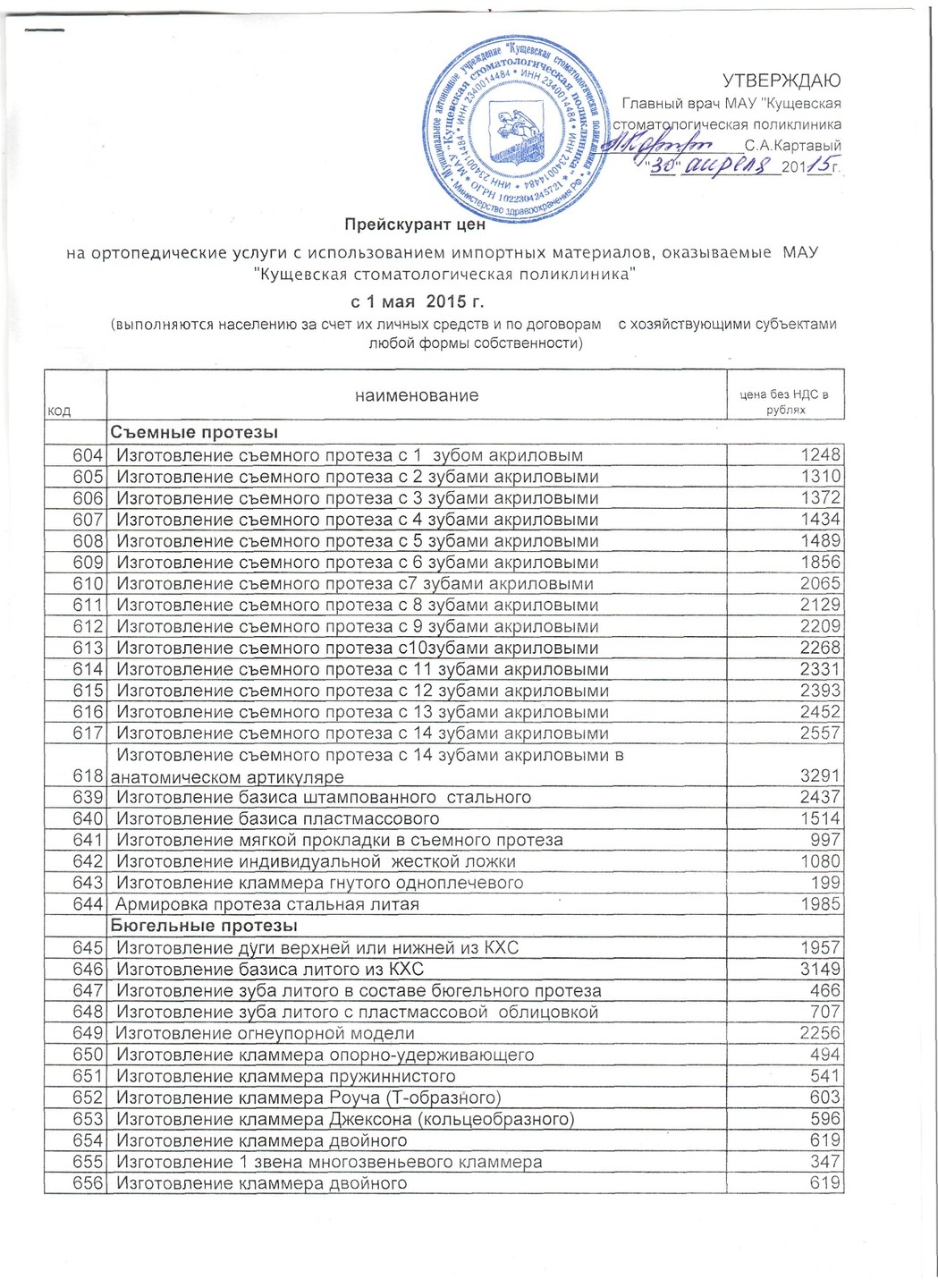 Прейскурант цен - Кущевская стоматологическая поликлиника